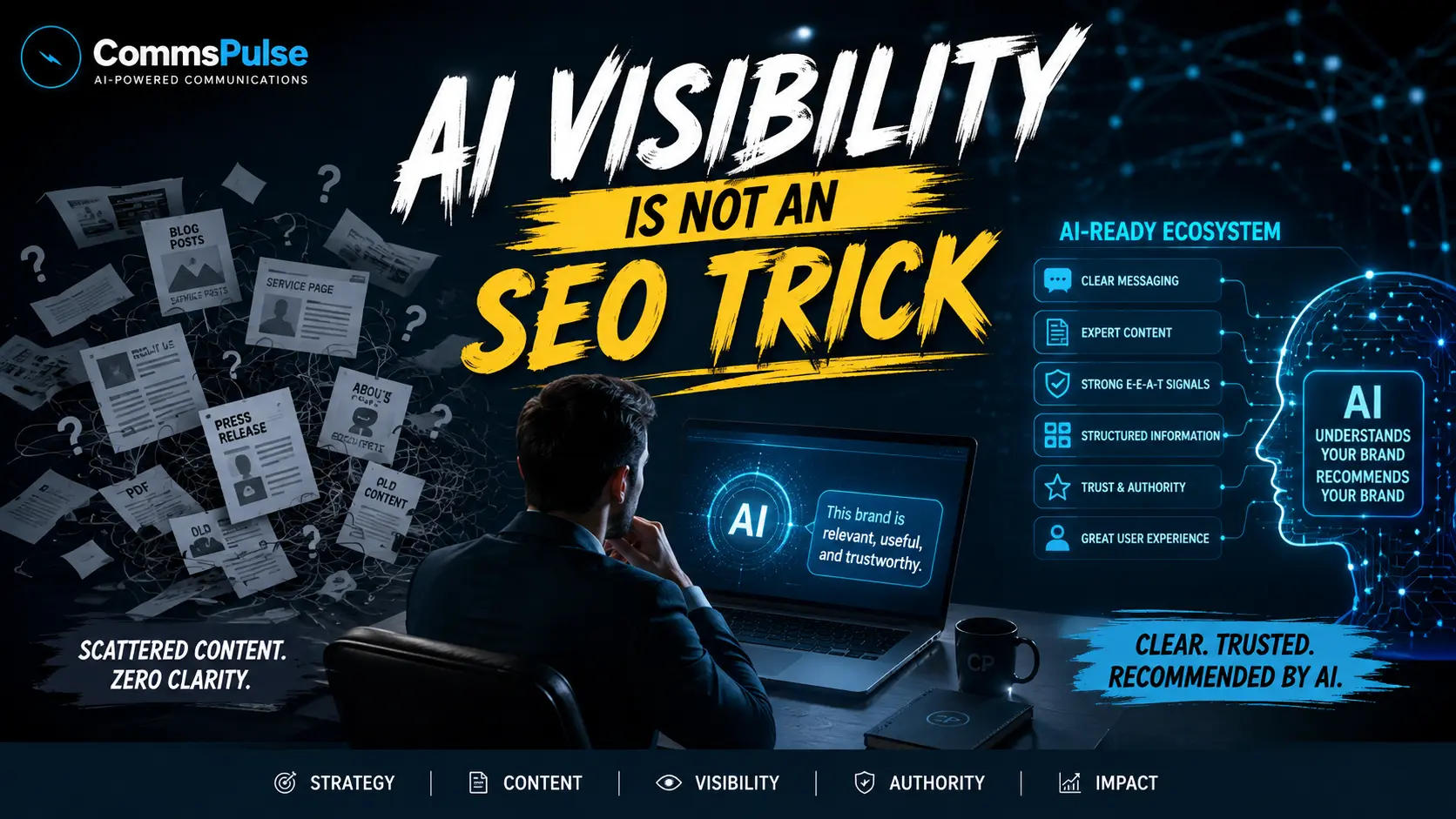 CommsPulse featured image showing AI search signals organizing scattered brand content into a clear visibility system for prospective clients.