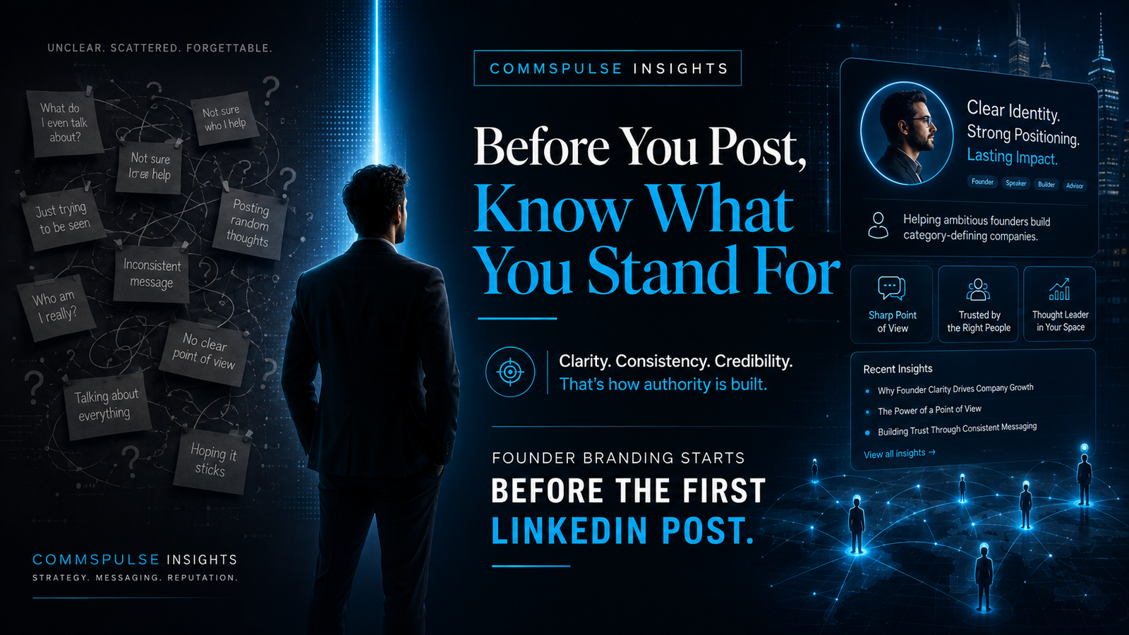 CommsPulse featured image showing a founder moving from unclear scattered messaging to a focused authority platform before publishing on LinkedIn.